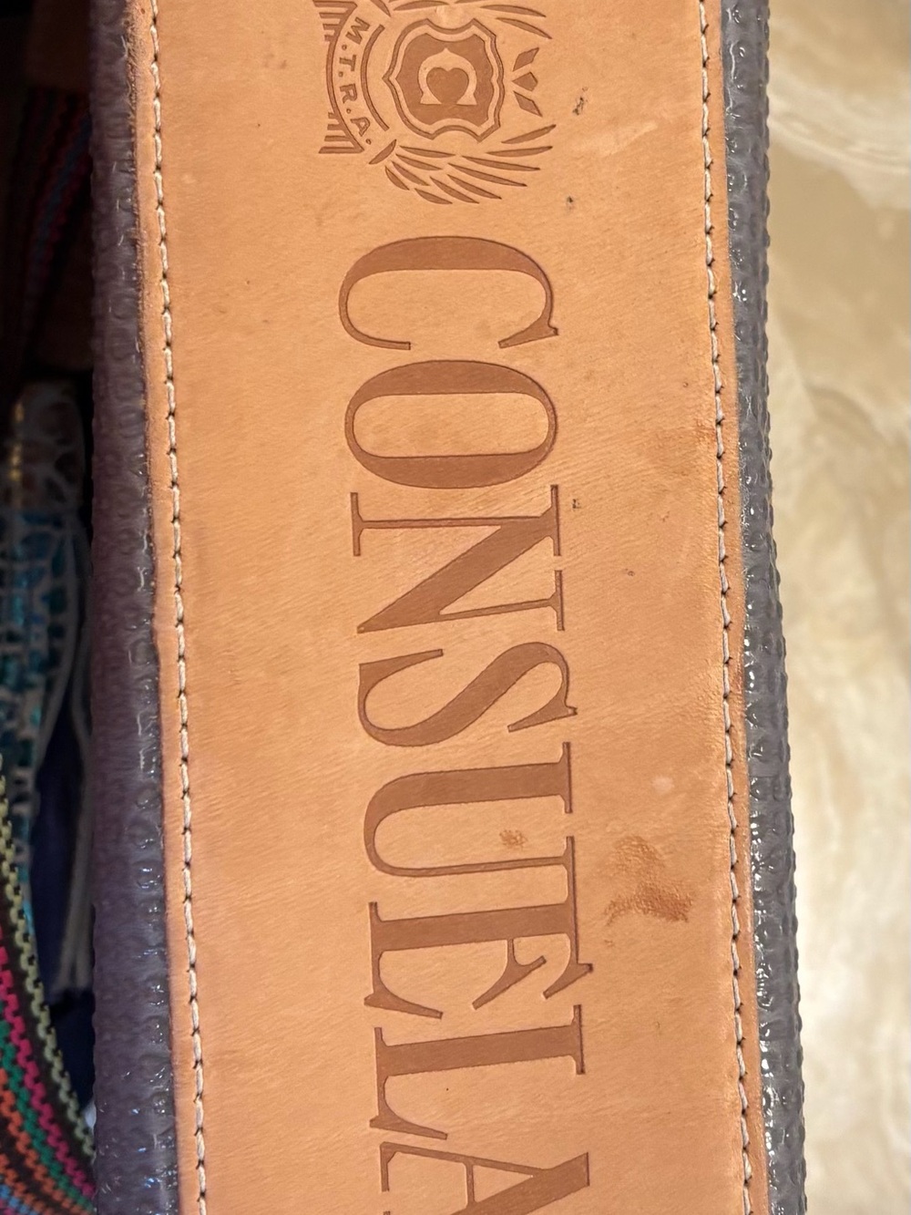 Taupe Leather Crossbody Bag with Colorful Woven Strap - Picture 6 of 13